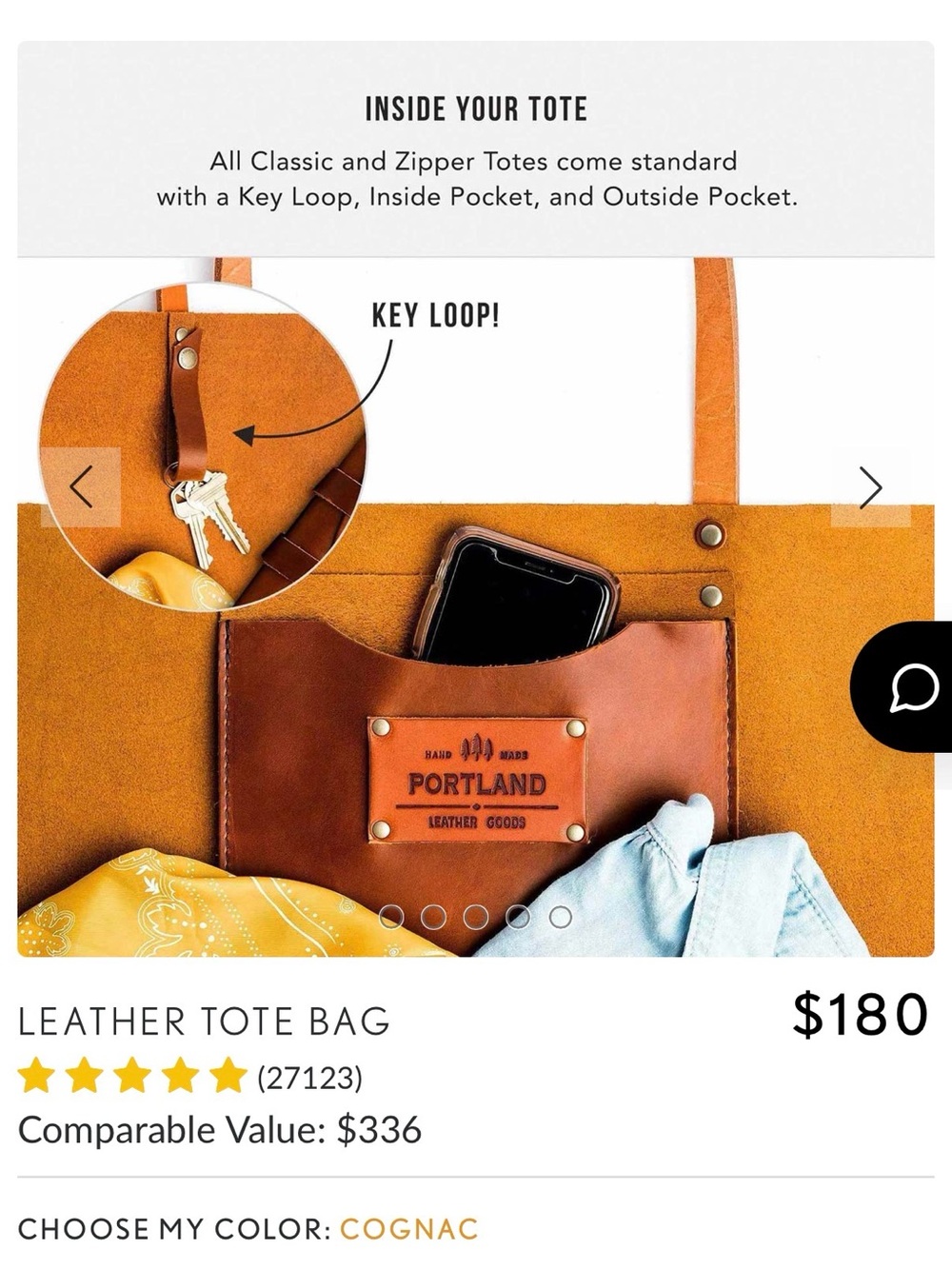 Portland Leather Goods- “Almost Perfect” Large Leather Tote Bag in Cognac - Picture 4 of 7